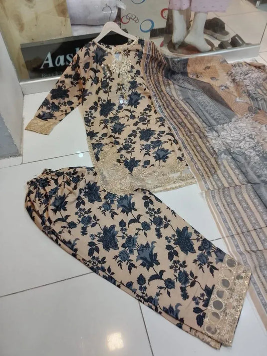 Beige Floral Embroidered Lawn Suit 3 Pcs with Dupatta | Elegant Festive Wear 🤍✨