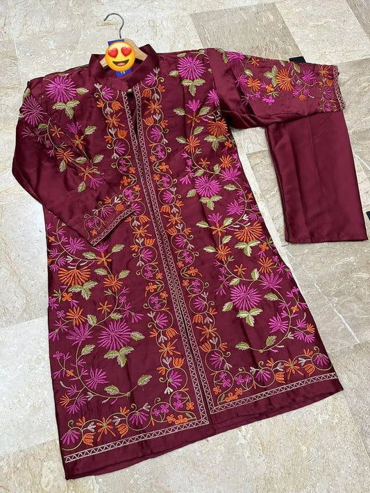 Maroon Embroidered Shamoz Silk Gown Suit 3 Pcs | Luxury Eid & Party Wear ❤️✨