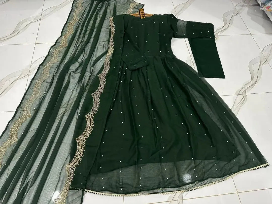 Emerald Green Embellished Maxi Dress with Net Dupatta | Luxury Party Wear 💚✨