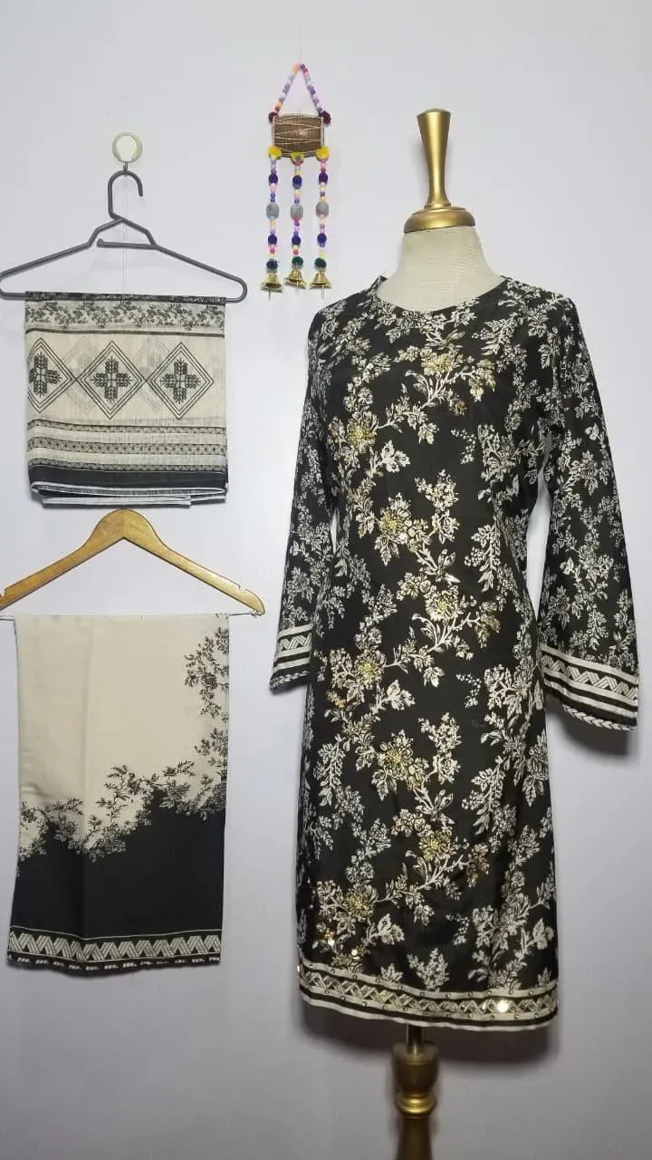Black & Beige Printed Lawn Suit 3 Pcs | Elegant Casual & Semi-Formal Wear 🖤✨