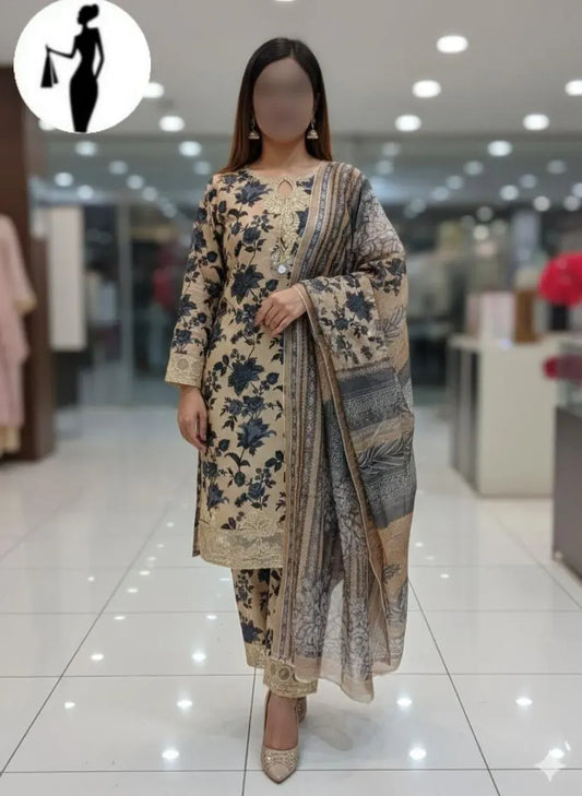 Beige Floral Embroidered Lawn Suit 3 Pcs with Dupatta | Elegant Festive Wear 🤍✨