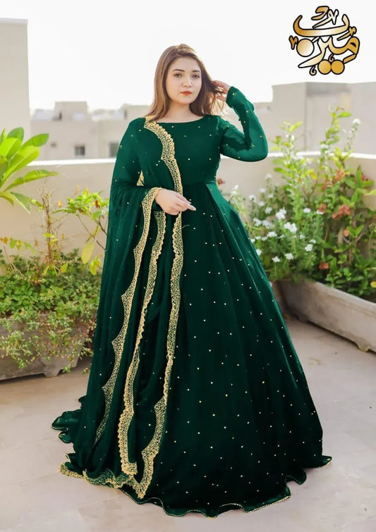 Emerald Green Embellished Maxi Dress with Net Dupatta | Luxury Party Wear 💚✨