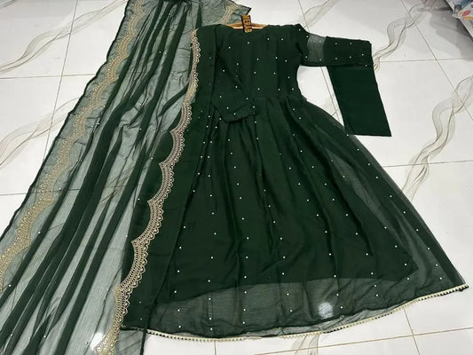 Emerald Green Embellished Maxi Dress with Net Dupatta | Luxury Party Wear 💚✨