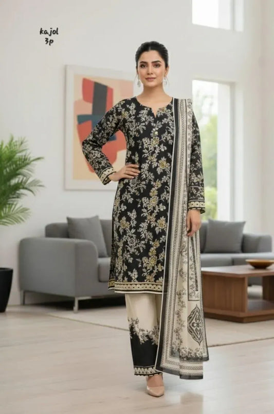 Black & Beige Printed Lawn Suit 3 Pcs | Elegant Casual & Semi-Formal Wear 🖤✨